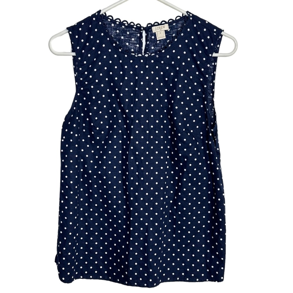 J.Crew Blue and White Polka Dot Sleeveless Tank Linen Cotton  Blend Size 6